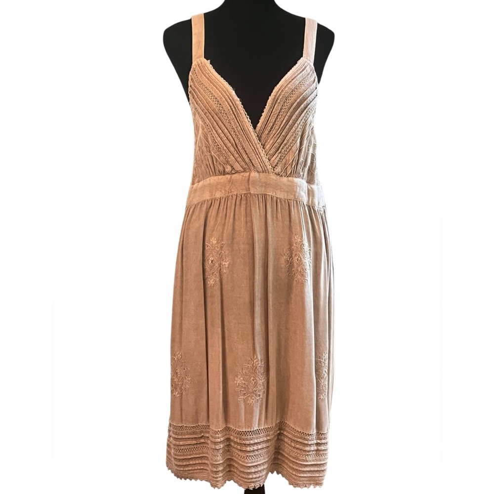 Tan Embroidered V-neck dress with smocked back